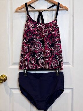 Lands’ End 16W Paisley Tankini Swimsuit Set Pink Navy Blouson Plus Size Swimwear